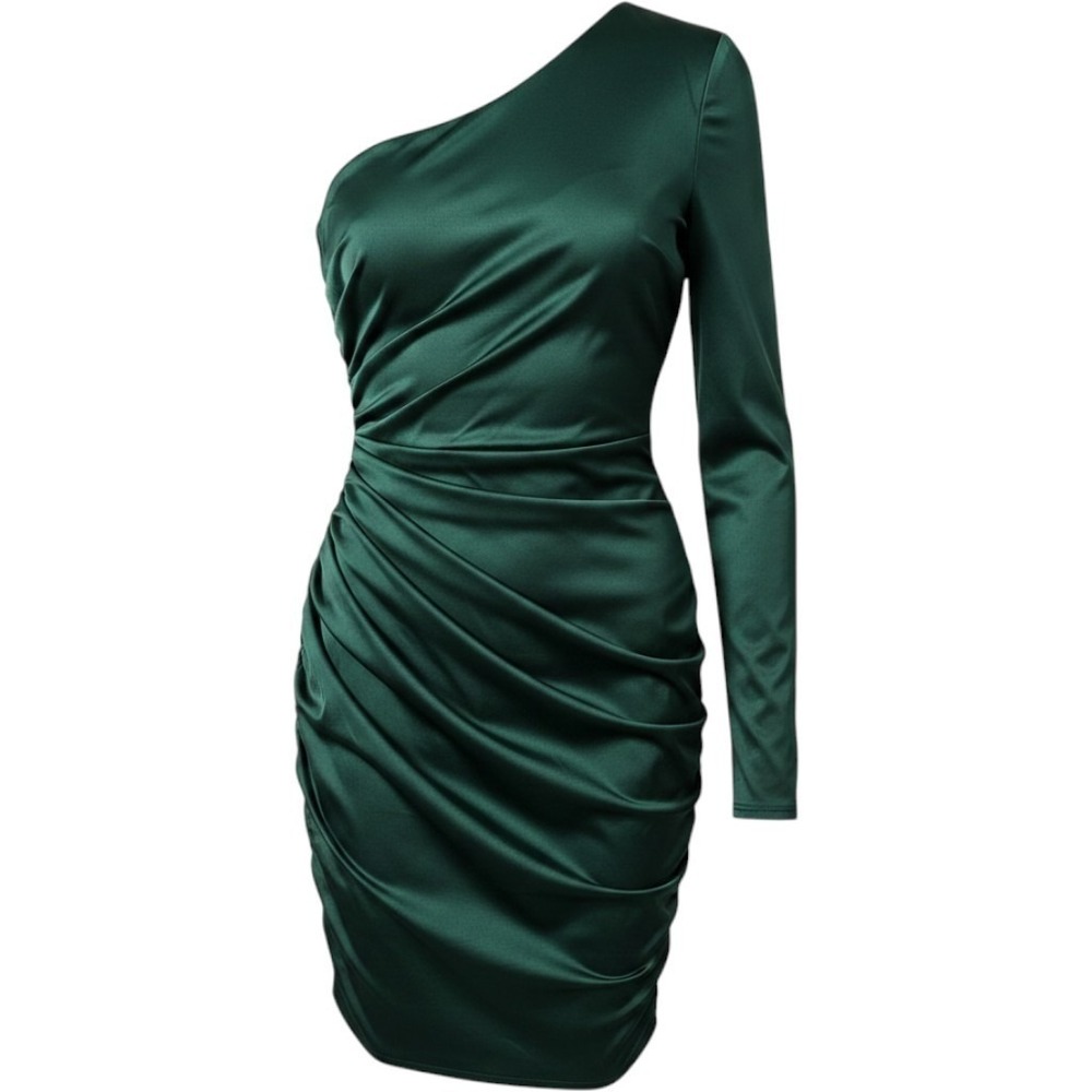 SheIn Dress Womens 1XL Green Satin One Shoulder Ruched Bodycon Party